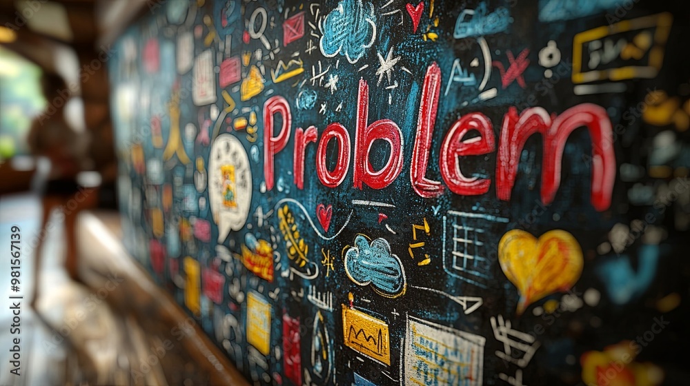 Obraz premium An artful image showcasing the word 'Problem' in vivid chalk typography on a blackboard, accompanied by various expressive and colorful doodles and elements.