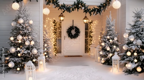 The white front door, decorated with a wreath and garland, stands proudly amidst two snowy Christmas trees, all surrounded by a winter wonderland of greenery and falling snow photo