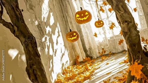 Brightly Lit Autumn Room With Hanging Pumpkins and Fallen Leaves During a Halloween Celebration