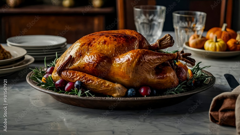 Golden Browned Turkey on a Rustic Table Garnished With Herbs and Seasonal Fruits for Dinner Golden Browned Turkey on a Rustic Table Garnished With Herbs and Seasonal Fruits for Dinner