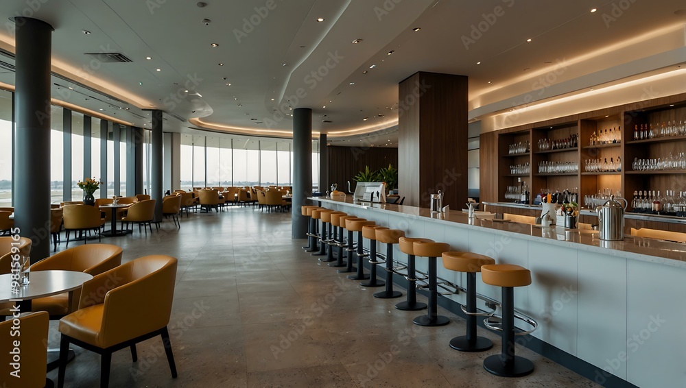 Stylish airport lounge with a chic buffet area and premium drinks. Stylish airport lounge with a chic buffet area and premium drinks.