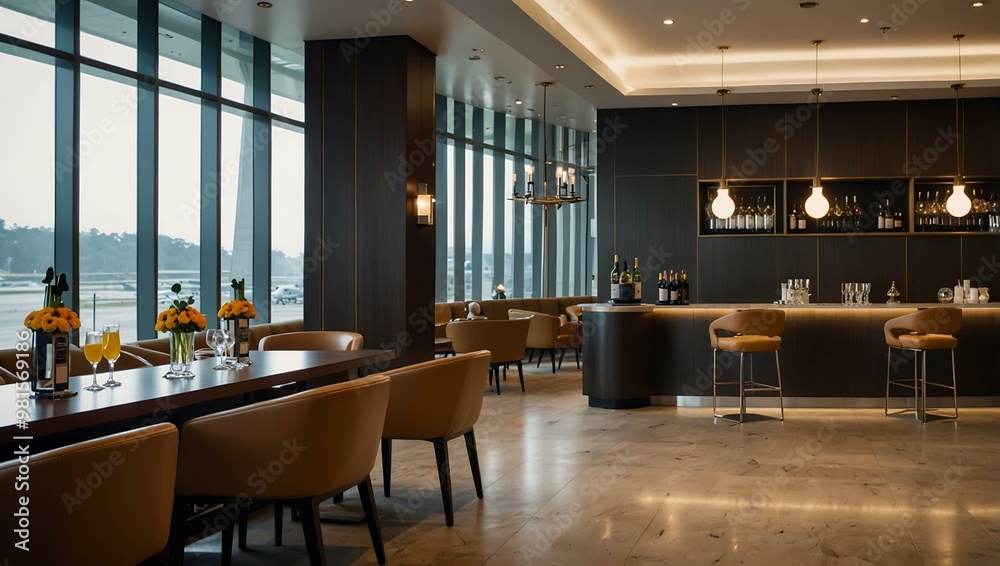 Stylish airport lounge with a chic buffet area and premium drinks. Stylish airport lounge with a chic buffet area and premium drinks.