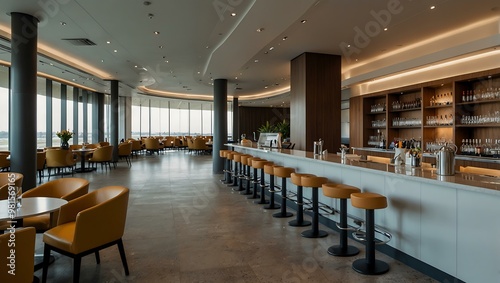 Stylish airport lounge with a chic buffet area and premium drinks.