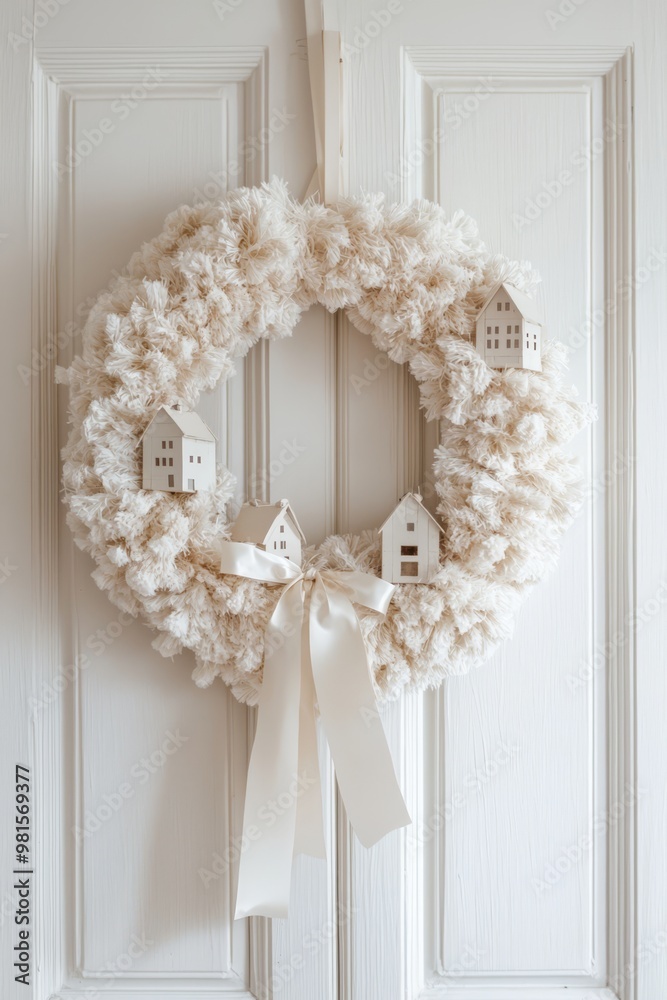 A fluffy cream yarn wreath adorned with small white houses and a ribbon decorates a wooden door, creating a cozy atmosphere. A fluffy cream yarn wreath adorned with small white houses and a ribbon decorates a wooden door, creating a cozy atmosphere.