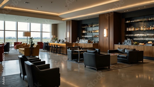 Stylish airport lounge with gourmet buffet and a relaxed atmosphere.