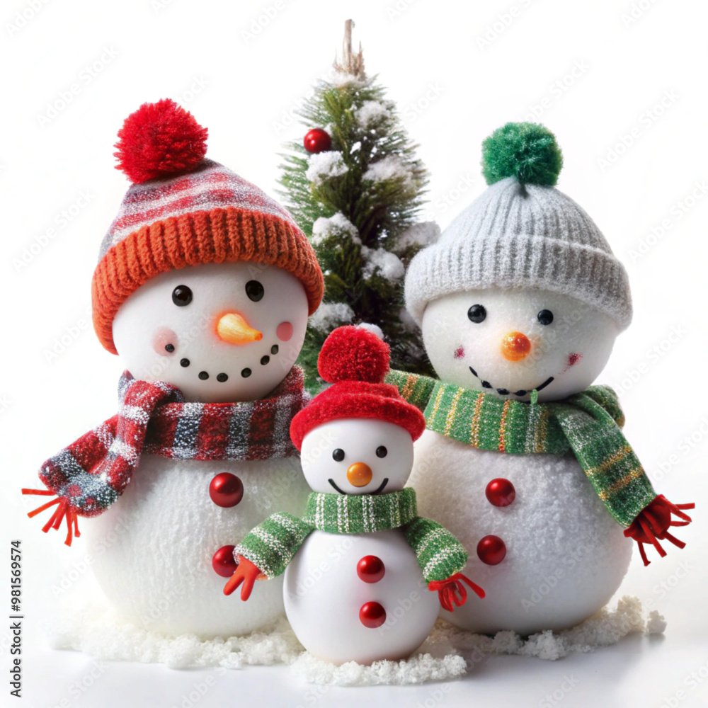 Cheerful cute snowmen near the Christmas tree on a white background. Cheerful cute snowmen near the Christmas tree on a white background.