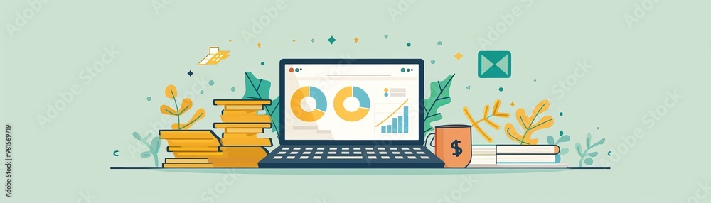 A laptop displays colorful graphs and charts, surrounded by books and plants, representing data analysis and productivity in a cozy workspace. A laptop displays colorful graphs and charts, surrounded by books and plants, representing data analysis and productivity in a cozy workspace.