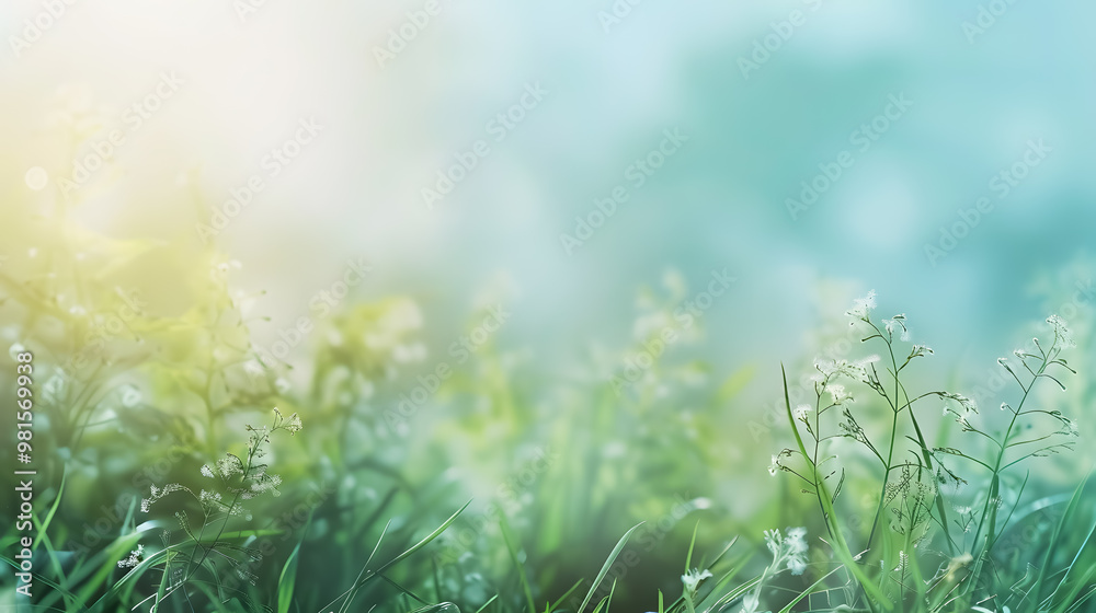 Sunny spring meadow blur background; gradient from blue sky to green grass.