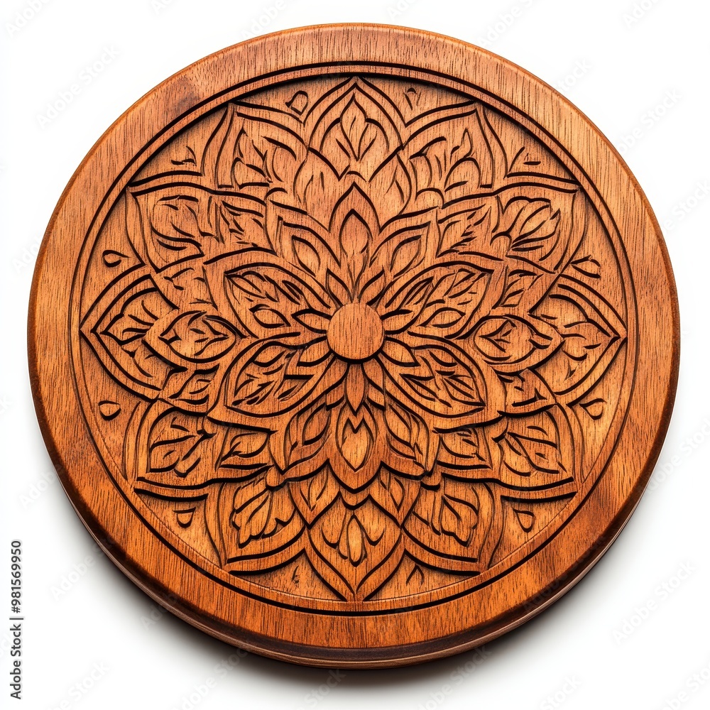 Intricate wooden carving featuring a beautiful floral mandala design, highlighting craftsmanship and artistry in woodwork, white background Intricate wooden carving featuring a beautiful floral mandala design, highlighting craftsmanship and artistry in woodwork, white background