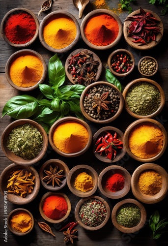 colorful display vibrant spices ingredients artfully arranged culinary inspiration, arrangement, vibrancy, herb, seasoning, flavor, fresh, organic, aroma