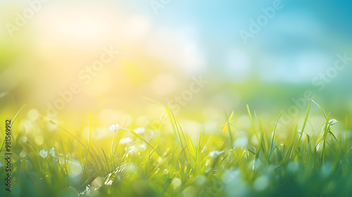 Fototapeta Naklejka Na Ścianę i Meble -  Sunny spring meadow blur background; gradient from blue sky to green grass.