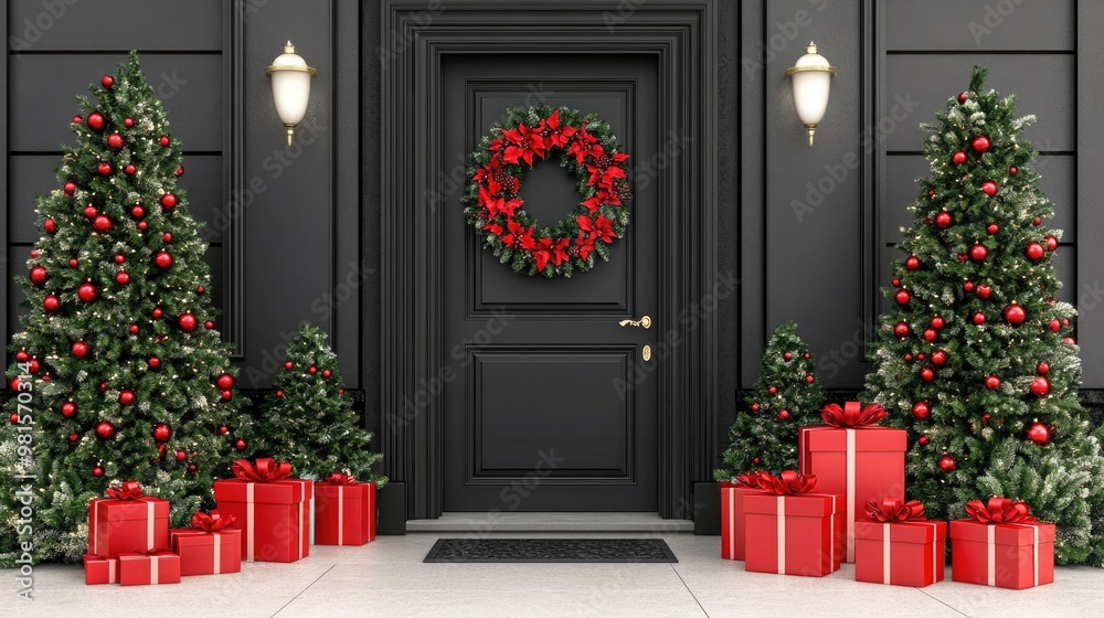 The black front door showcases a vibrant Christmas wreath and garland, flanked by two festive trees and surrounded by red gift boxes, creating a warm holiday welcome The black front door showcases a vibrant Christmas wreath and garland, flanked by two festive trees and surrounded by red gift boxes, creating a warm holiday welcome