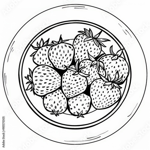 coloring page, line art, a plate with strawberries, minimalist, simple shapes, use bold of line