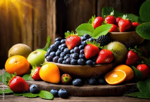 colorful vibrant fruit arrangements displayed natural wooden surfaces creating fresh inviting aesthetic, apple, banana, orange, kiwi, berry, grape, melon