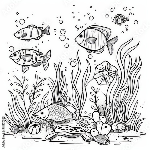 coloring page, line art, a sealife scene, minimalist, simple shapes, use bold of lines