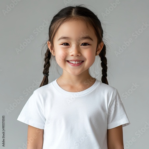 happy young girl, korean-american, unbraided pigtails, plain white t-shirt mockup, half body portrait