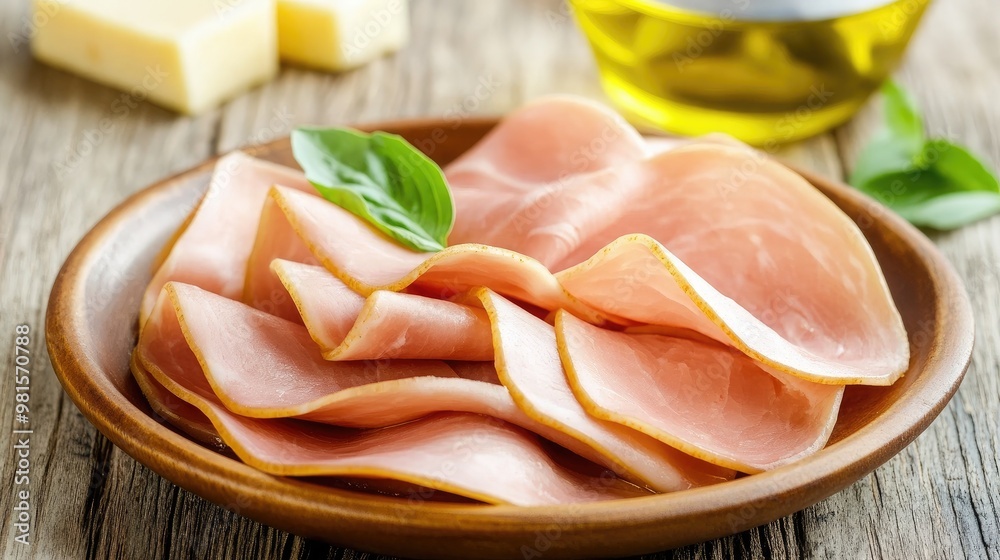 Sliced ham is beautifully arranged on a wooden plate, accompanied by olive oil and cheese, set in a cozy kitchen with soft light highlighting the textures and colors Sliced ham is beautifully arranged on a wooden plate, accompanied by olive oil and cheese, set in a cozy kitchen with soft light highlighting the textures and colors