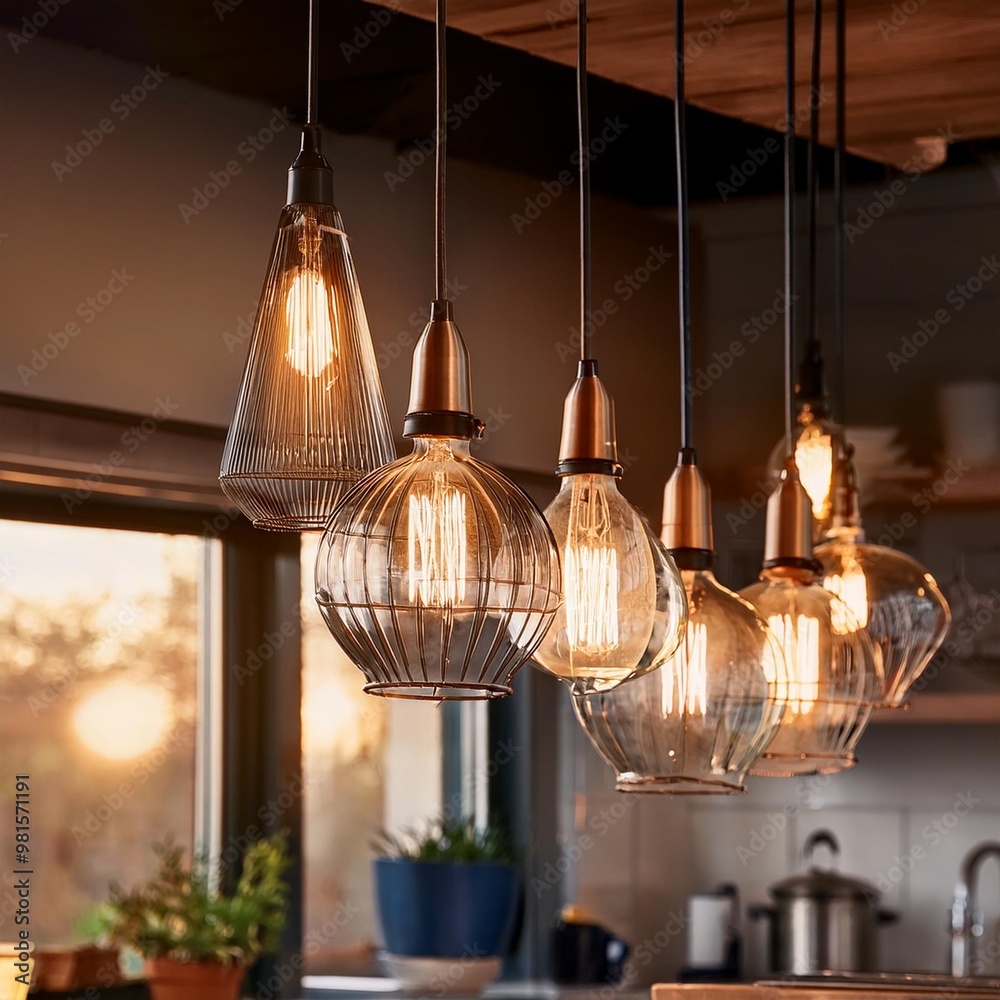 Industrial pendant lights with exposed bulbs creating a bold ambiance in a modern kitchen Industrial pendant lights with exposed bulbs creating a bold ambiance in a modern kitchen