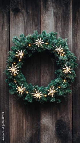 A handmade wreath made from fresh pine branches is adorned with glowing LED lights, resting beautifully on a wooden table, enhancing the festive spirit.