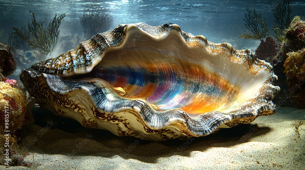 A large, iridescent clam shell with a colorful interior sits open on a sandy ocean bottom. A large, iridescent clam shell with a colorful interior sits open on a sandy ocean bottom.
