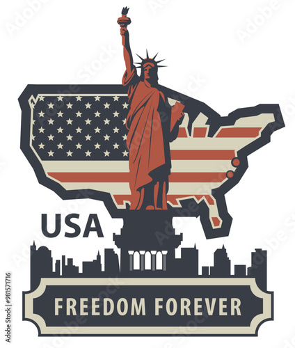USA map and American flag with the Statue of Liberty on background of silhouettes of New York skyscrapers. Vector banner, logo, poster, flyer, t-shirt design, greeting card or design element