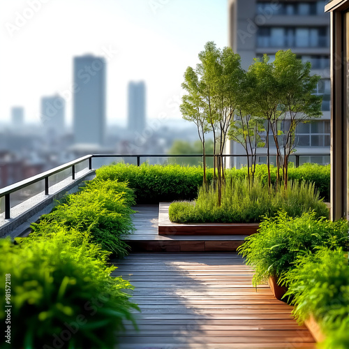 An eco-friendly urban garden on a rooftop with sustainable materials and green plants flourishing in a city environment photo