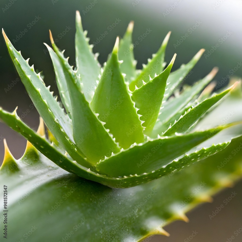 Isolated aloe vera leaf with depth of field highlighting spiky edges and soothing gel interior Isolated aloe vera leaf with depth of field highlighting spiky edges and soothing gel interior