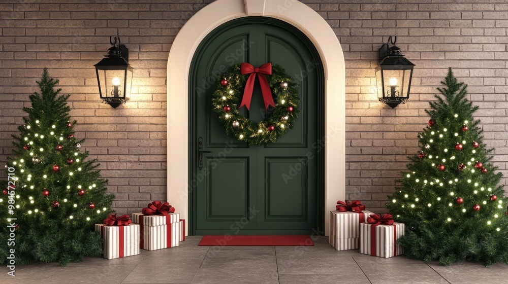 The front door, adorned with a wreath and lanterns, welcomes the holiday season with a Christmas tree and colorful gifts beneath the open double doors The front door, adorned with a wreath and lanterns, welcomes the holiday season with a Christmas tree and colorful gifts beneath the open double doors