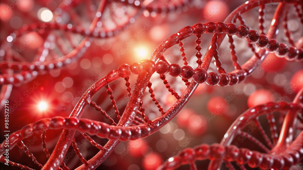 Close-up of Red DNA Strands with Sparkling Highlights in a Molecular Science Visualization Close-up of Red DNA Strands with Sparkling Highlights in a Molecular Science Visualization