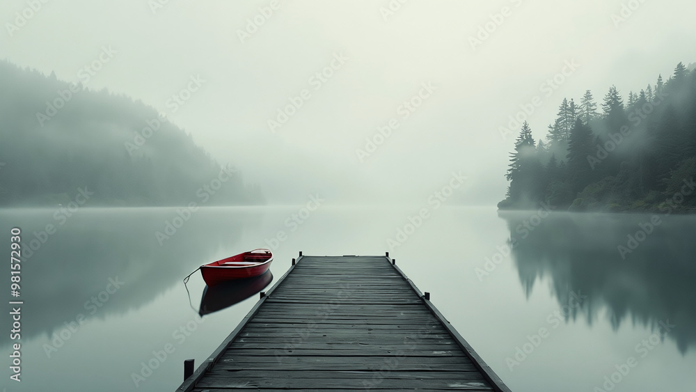 Red Boat at the End of a Wooden Dock in Fog