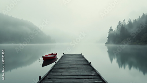 Obraz na płótnie Red Boat at the End of a Wooden Dock in Fog w salonie