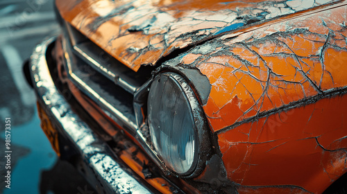 Rusty Orange Car with Broken Bumper photo