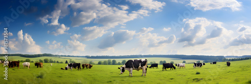 Harmony in Nature - A Tranquil Scene of a Herd of Cattle Grazing in a Lush Green Field