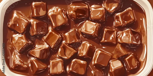 Dish of chocolate-coated toffee chunks with a uniform chocolate layer and exposed toffee, sweet illustration