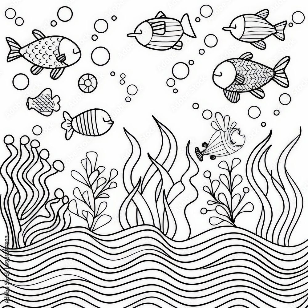 coloring page, line art, an ocean life scene, minimalist, simple shapes, use bold of lines coloring page, line art, an ocean life scene, minimalist, simple shapes, use bold of lines