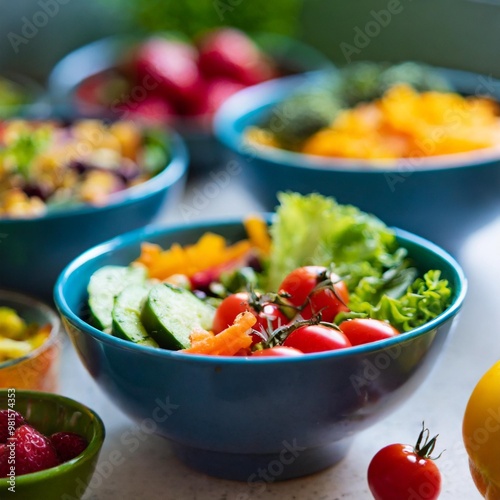 Bright and colorful lunch bowls with depth of field highlighting fresh produce and diverse textures