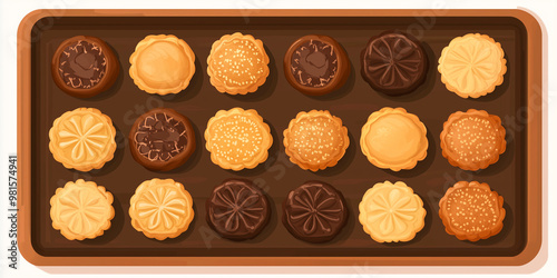 Mooncakes displayed in a symmetrical pattern on a rectangular wooden tray, sweet illustration