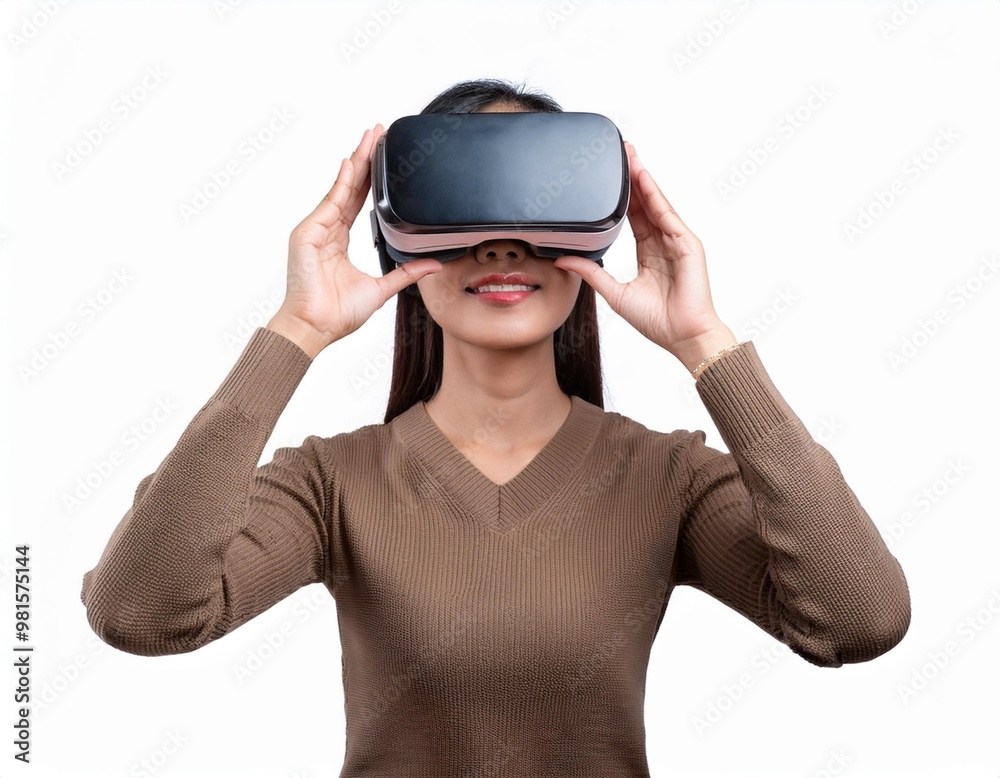 Woman Wearing Virtual Reality Headset Isolated on White Background, Clipping Path, Full Depth of Field Woman Wearing Virtual Reality Headset Isolated on White Background, Clipping Path, Full Depth of Field