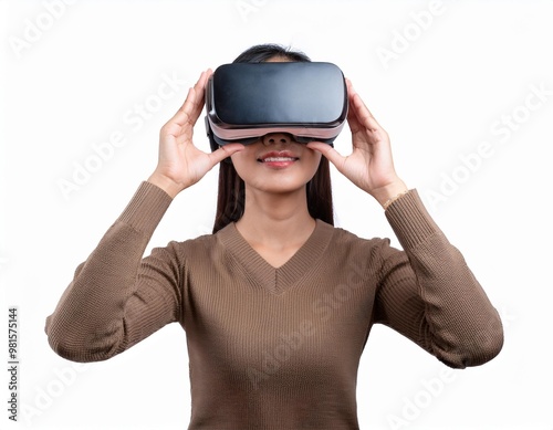 Woman Wearing Virtual Reality Headset Isolated on White Background, Clipping Path, Full Depth of Field