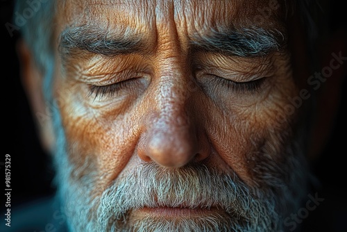 Senior Man Aged 60-65 with Eye Asthenopia: Fatigue, Pain, Strain, Allergies, and Sensations photo