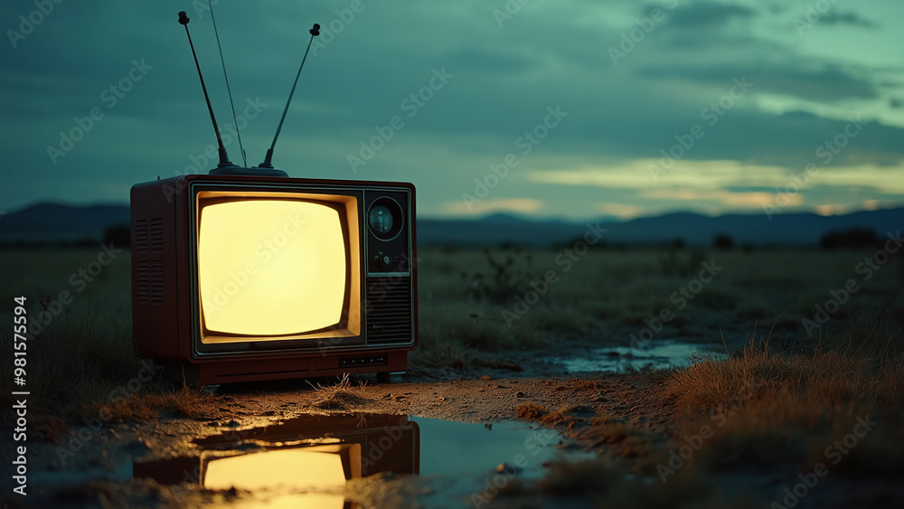 Vintage Television in Barren Landscape at Sunset