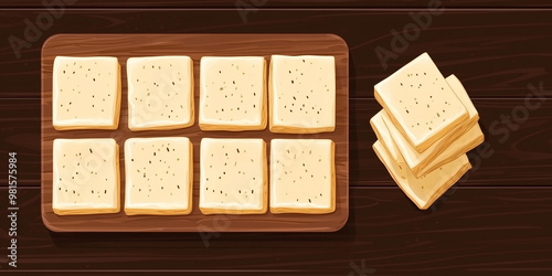 Rectangular halva block with precise slices on a wooden board, sweet illustration art
