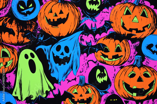 Halloween Seamless pattern background with ghosts, pumpkins and bats 