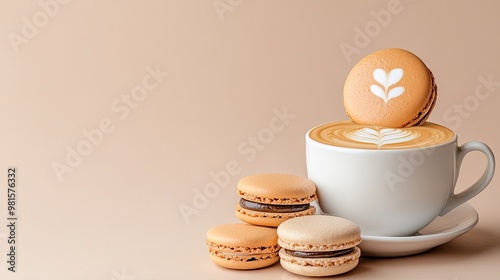 A beautifully crafted cup of coffee showcases intricate latte art, paired with a macaron and delightful pastries, all set against a soft beige backdrop.