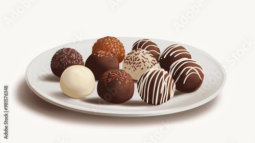 Selection of coated truffles on a white plate, emphasizing their shapes, sweet illustration