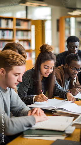 Multicultural Group of Engrossed Students Studying Together in a Library