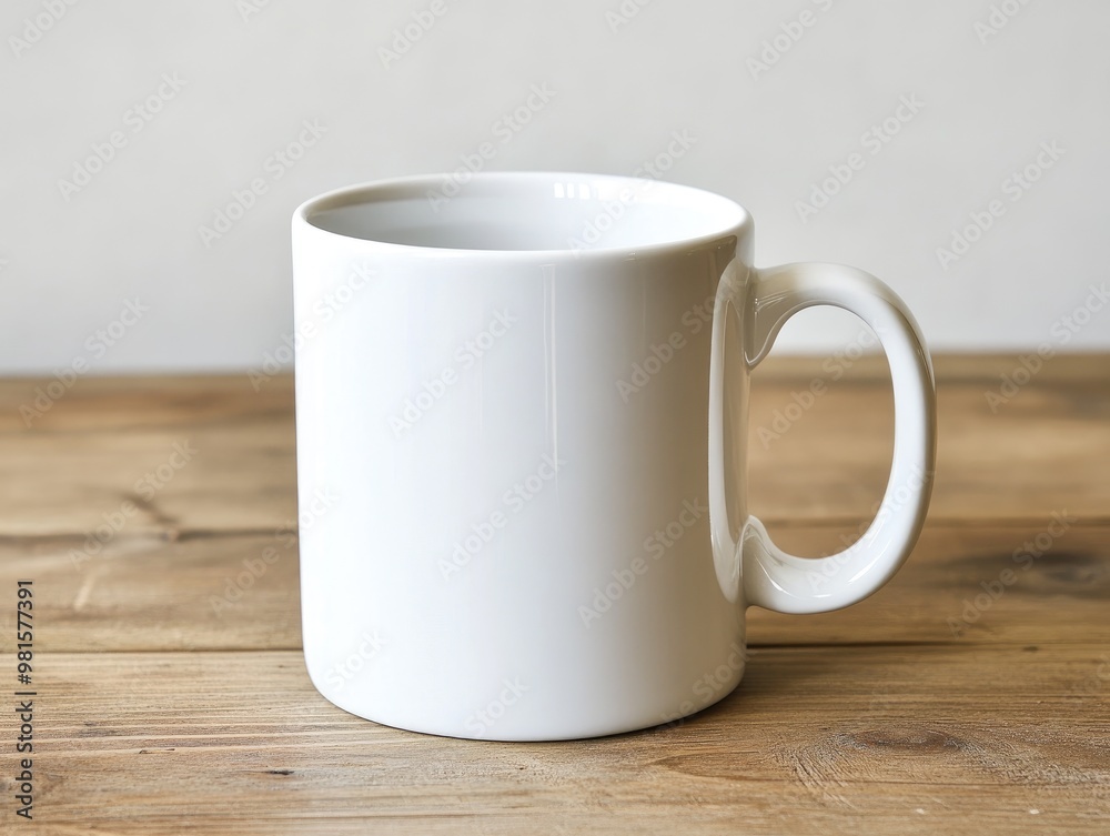 A plain white ceramic coffee mug with a smooth, glossy finish, standing on a wooden table. A plain white ceramic coffee mug with a smooth, glossy finish, standing on a wooden table.