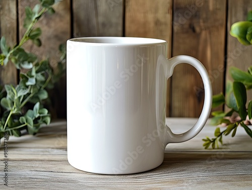 A plain white ceramic coffee mug with a smooth, glossy finish, standing on a wooden table.