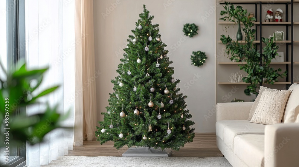 Festively decorated living room with Christmas tree and presents during winter holiday season Festively decorated living room with Christmas tree and presents during winter holiday season