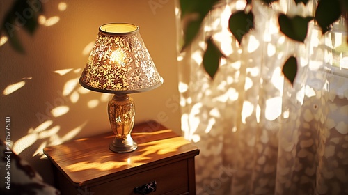 A lamp with a patterned lampshade sits on a wooden nightstand, casting warm light on the wall and creating shadows from the leaves of a plant outside the window.